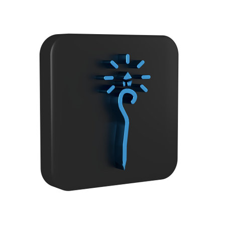 Blue Magic staff icon isolated on transparent background. Magic wand, scepter, stick, rod. Black square button..の写真素材