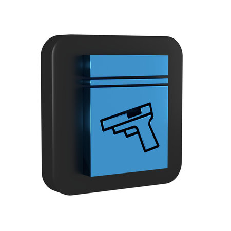 Blue Evidence bag and pistol or gun icon isolated on transparent background. Black square button..の写真素材
