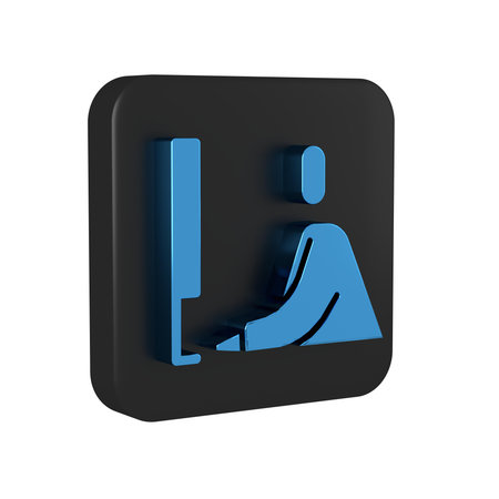 Blue Student working at laptop icon isolated on transparent background. Workplace concept. Black square button..の写真素材