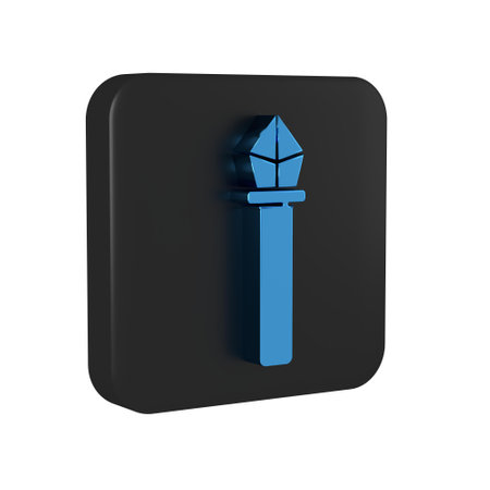 Blue Magic staff icon isolated on transparent background. Magic wand, scepter, stick, rod. Black square button..の写真素材