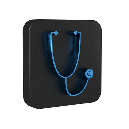 Blue Stethoscope medical instrument icon isolated on transparent background. Black square button..の写真素材