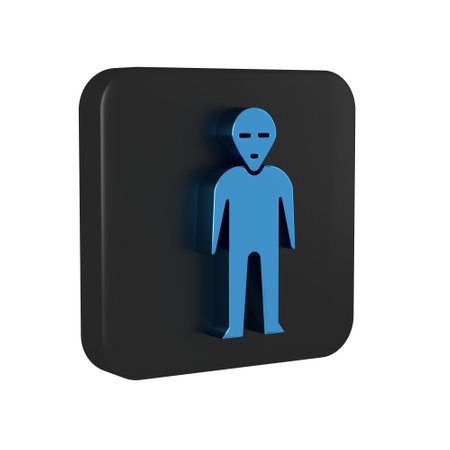 Blue Alien icon isolated on transparent background. Extraterrestrial alien face or head symbol. Black square button..の写真素材