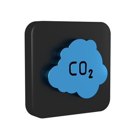 Blue CO2 emissions in cloud icon isolated on transparent background. Carbon dioxide formula, smog pollution concept, environment concept. Black square button. .の写真素材