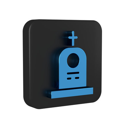 Blue Grave with tombstone icon isolated on transparent background. Black square button..の写真素材