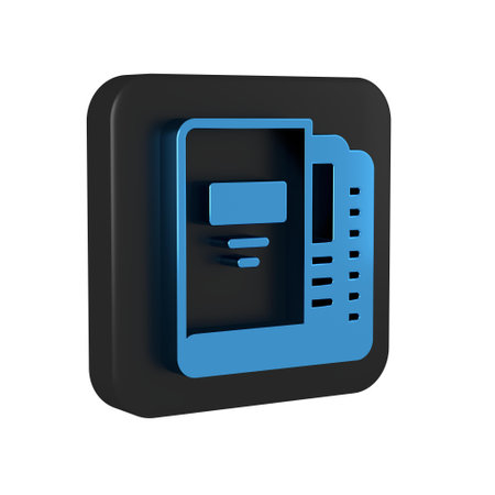 Blue Office folders with papers and documents icon isolated on transparent background. Office binders. Archives folder sign. Black square button. .の写真素材