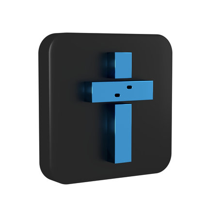 Blue Christian cross icon isolated on transparent background. Church cross. Black square button..