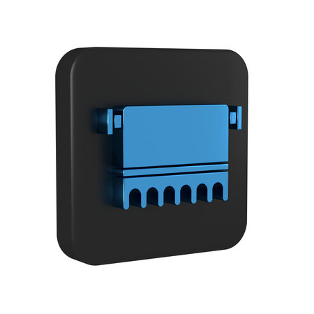 Blue Towel on hanger icon isolated on transparent background. Bathroom towel icon. Black square button. .の写真素材