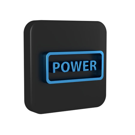 Blue Power button icon isolated on transparent background. Start sign. Black square button..の写真素材