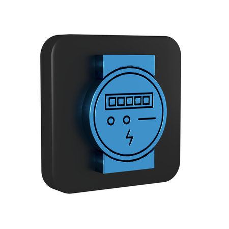 Blue Electric meter icon isolated on transparent background. Black square button..