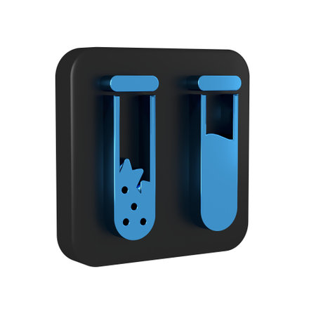 Blue Test tube and flask - chemical laboratory test icon isolated on transparent background. Laboratory glassware sign. Black square button..の写真素材