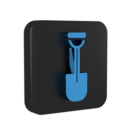 Blue Shovel icon isolated on transparent background. Gardening tool. Tool for horticulture, agriculture, farming. Black square button..の写真素材