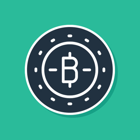 Blue Cryptocurrency coin Bitcoin icon isolated on green background. Physical bit coin. Blockchain based secure crypto currency. Vector.のイラスト素材