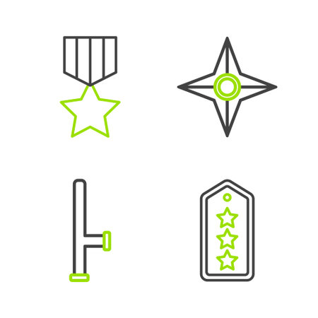 Set line Military rank Police rubber baton Japanese ninja shuriken and reward medal icon. Vector.のイラスト素材