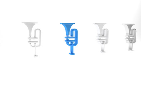 Blue Musical instrument trumpet icon isolated on white background. Minimalism concept. 3D render...