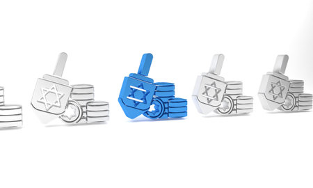 Blue Hanukkah dreidel and coin icon isolated on white background. Minimalism concept. 3D render illustration.の写真素材
