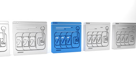 Blue Online slot machine with lucky sevens jackpot icon isolated on white background. Online casino....
