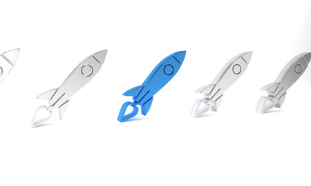Blue Rocket ship with fire icon isolated on white background. Space travel. Minimalism concept. 3D render illustration.の写真素材