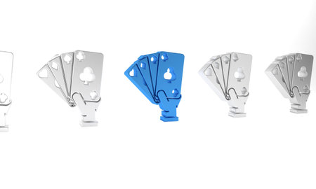 Blue Hand holding playing cards icon isolated on white background. Casino game design. Minimalism...