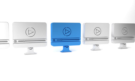 Blue Online play video icon isolated on white background. Computer monitor and film strip with play...