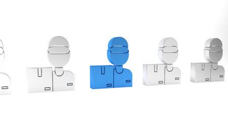 Blue Delivery man with cardboard boxes icon isolated on white background. Door to door delivery by courier. Minimalism concept. 3D render illustration.の写真素材