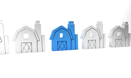 Blue Farm House concept icon isolated on white background. Rustic farm landscape. Minimalism concept. 3D render illustration.の写真素材