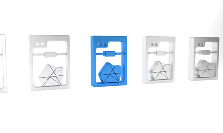 Blue 3D printer icon isolated on white background. Minimalism concept. 3D render illustration.