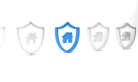 Blue House with shield icon isolated on white background. Insurance concept. Security, safety, protection, protect concept. Minimalism concept. 3D render illustration.の写真素材