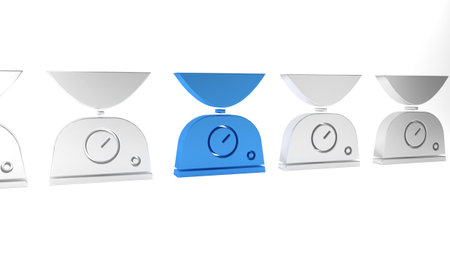 Blue Scales icon isolated on white background. Weight measure equipment. Minimalism concept. 3D...