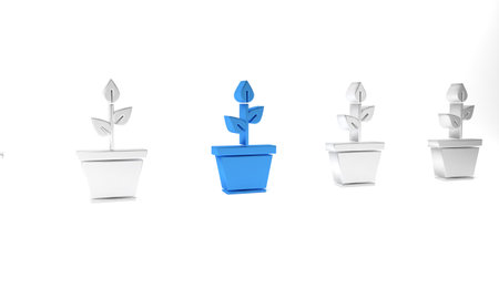 Blue Plant in pot icon isolated on white background. Plant growing in a pot. Potted plant sign. Minimalism concept. 3D render illustration.の写真素材