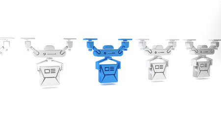 Blue Drone delivery concept icon isolated on white background. Quadrocopter carrying a package....