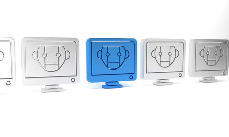 Blue Bot icon isolated on white background. Computer monitor and robot icon. Minimalism concept. 3D...