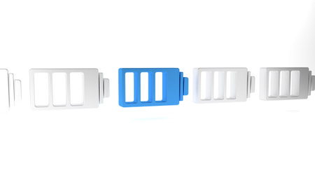 Blue Battery charge level indicator icon isolated on white background. Minimalism concept. 3D render...