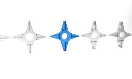 Blue Japanese ninja shuriken icon isolated on white background. Minimalism concept. 3D render illustration.の写真素材