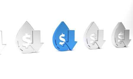 Blue Drop in crude oil price icon isolated on white background. Oil industry crisis concept....