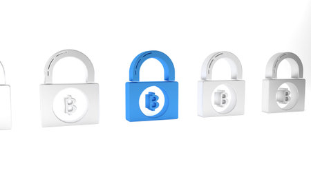 Blue Lock with bitcoin icon isolated on white background. Cryptocurrency mining, blockchain...