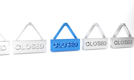 Blue Hanging sign with text Closed icon isolated on white background. Business theme for cafe or restaurant. Minimalism concept. 3D render illustration.の写真素材