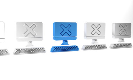 Blue Computer with keyboard and x mark icon isolated on white background. Error window, exit button,...