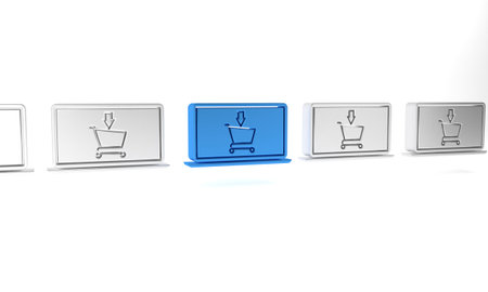 Blue Shopping cart on screen laptop icon isolated on white background. Concept e-commerce, e-business, online business marketing. Minimalism concept. 3D render illustration.の写真素材