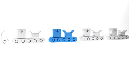 Blue Conveyor belt with cardboard box icon isolated on white background. Minimalism concept. 3D...