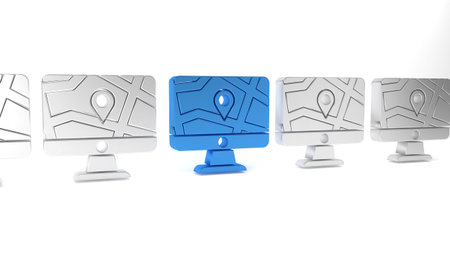 Blue Computer monitor and folded map with location marker icon isolated on white background....