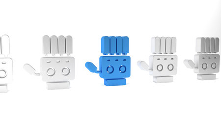 Blue Mechanical robot hand icon isolated on white background. Robotic arm symbol. Technological...