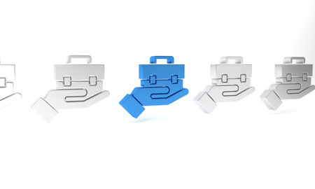 Blue Hand holding briefcase icon isolated on white background. Insurance concept. Security, safety, protection, protect concept. Minimalism concept. 3D render illustration.の写真素材