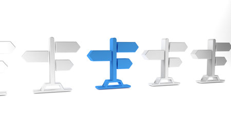 Blue Road traffic sign. Signpost icon isolated on white background. Pointer symbol. Street information sign. Direction sign. Minimalism concept. 3D render illustration.の写真素材