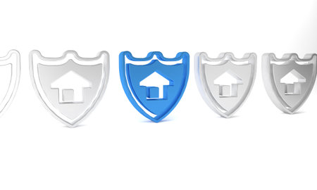 Blue House with shield icon isolated on white background. Insurance concept. Security, safety, protection, protect concept. Minimalism concept. 3D render illustration.の写真素材