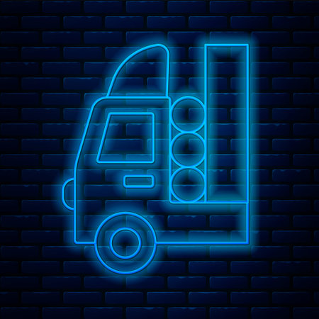 Glowing neon line Gas tank for vehicle icon isolated on brick wall background. Gas tanks are installed in a car. Vector.のイラスト素材