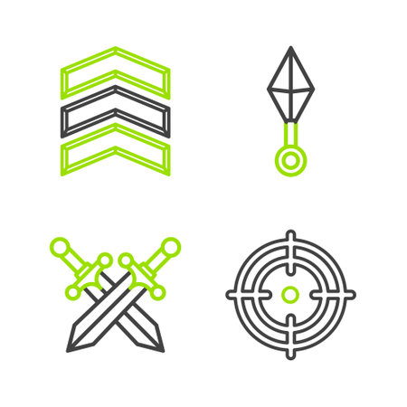 Set line Target sport Crossed medieval sword Japanese ninja shuriken and Military rank icon. Vector.のイラスト素材