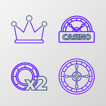 Set line Casino roulette wheel chips signboard and Crown icon. Vector.のイラスト素材