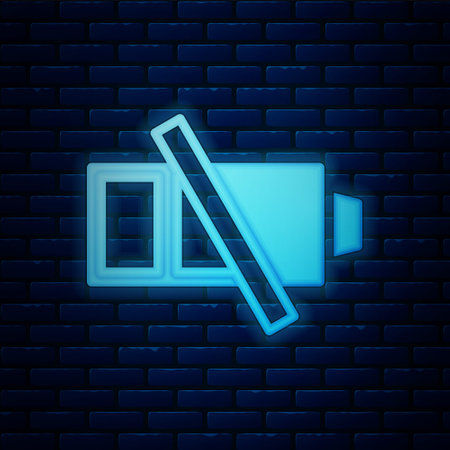 Glowing neon Battery charge level indicator icon isolated on brick wall background. Vector.のイラスト素材