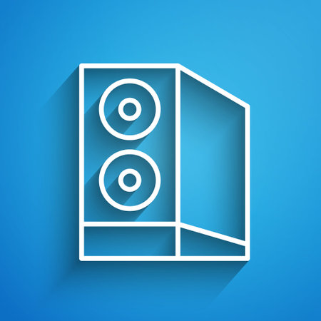 White line Case of computer icon isolated on blue background. Computer server. Workstation. Long shadow. Vector.のイラスト素材