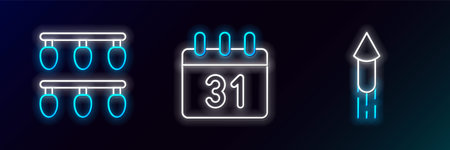 Set line Firework rocket Christmas lights and Calendar icon. Glowing neon. Vector.のイラスト素材